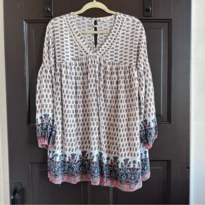 UMGEE Womens Beige Floral Swing Tunic Crotchet Collar Size Medium Bohemian